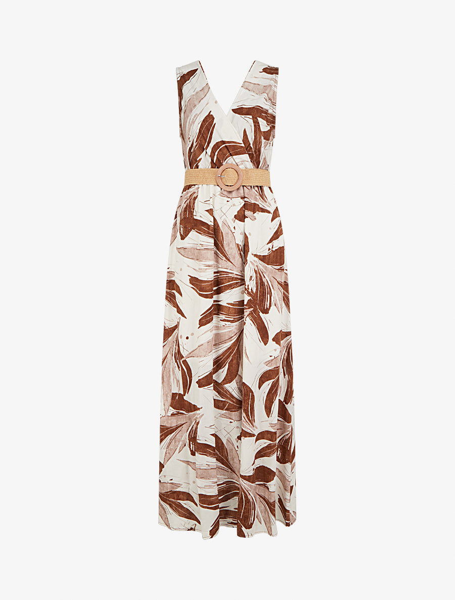 Robe longue évasée sans manches imprimé fantaisie - Marron - 1