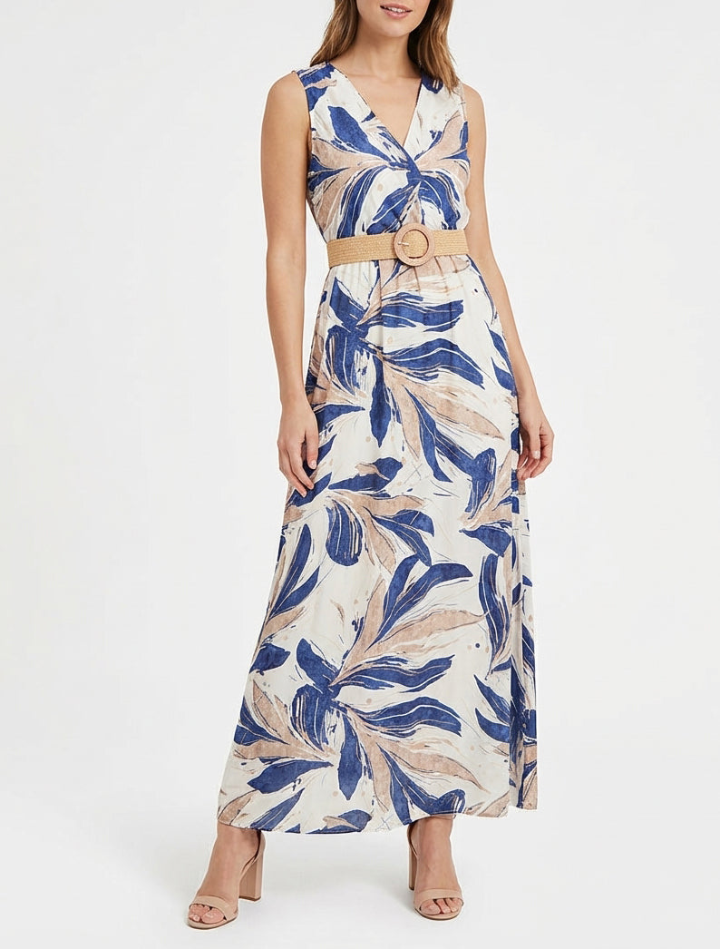 Robe longue évasée sans manches imprimé fantaisie - Bleu