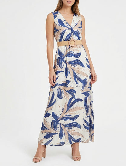 Robe longue évasée sans manches imprimé fantaisie - Bleu