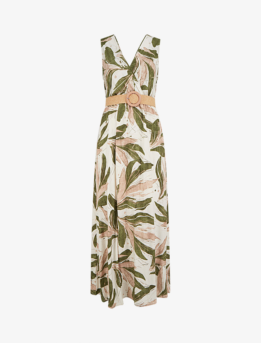 Robe longue évasée sans manches imprimé fantaisie - Kaki - 1