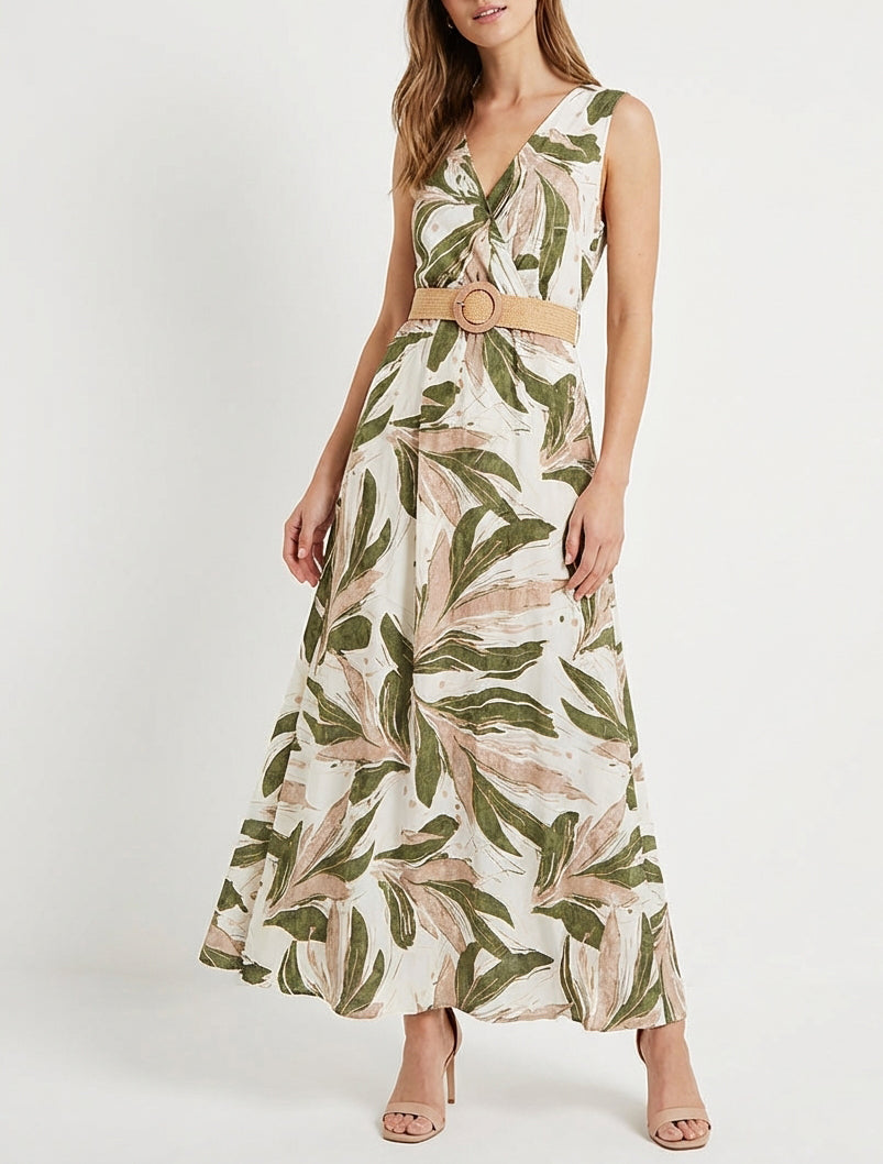 Robe longue évasée sans manches imprimé fantaisie - Kaki