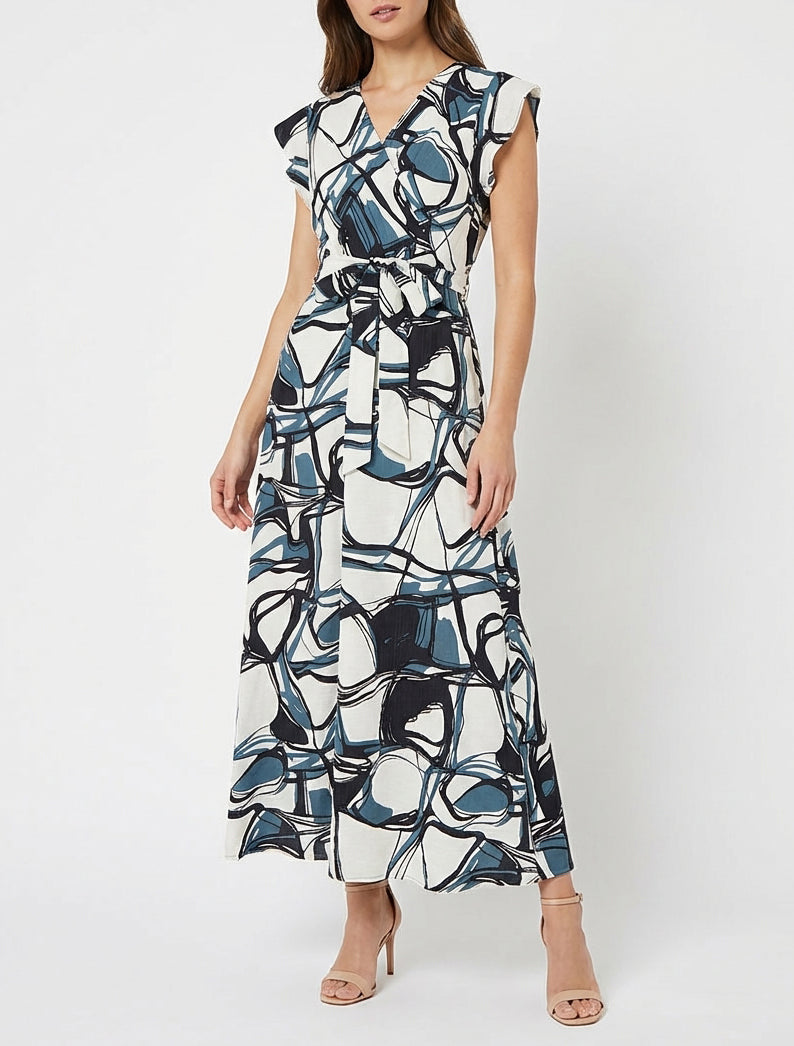 Robe longue cache-cœur à volants - Bleu/blanc