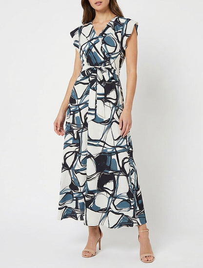 Robe longue cache-cœur à volants - Bleu/blanc