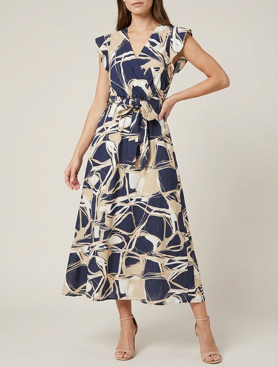 Robe longue cache-cœur volantée - Marine