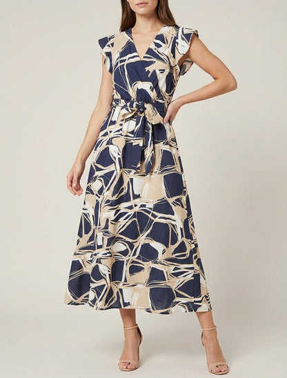 Robe longue cache-cœur volantée - Marine