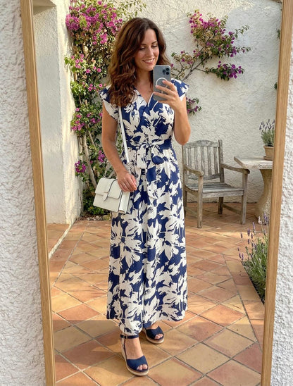 Robe longue imprimé fleurs tropicales à manches courtes - Marine