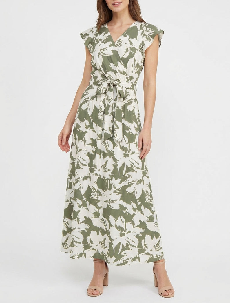 Robe longue imprimé fleurs tropicales à manches courtes - Kaki