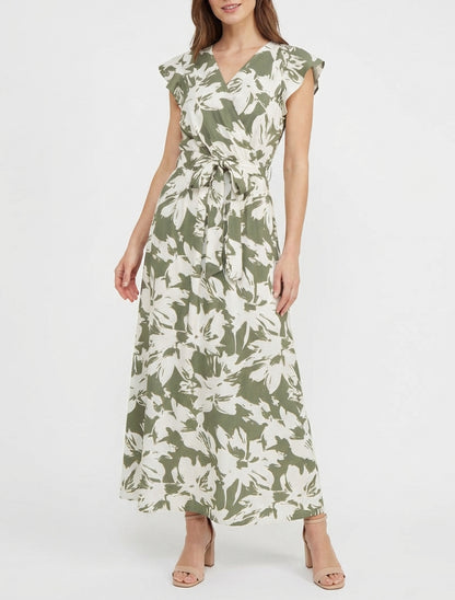 Robe longue imprimé fleurs tropicales à manches courtes - Kaki