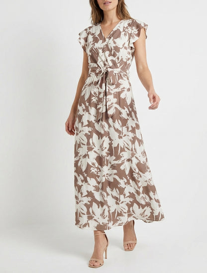 Robe longue imprimé fleurs tropicales à manches courtes - Marron