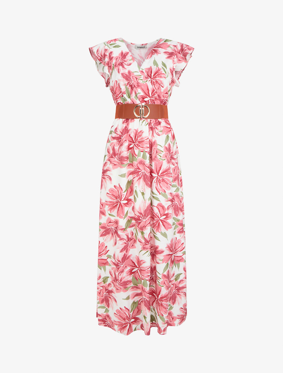 Robe longue imprimé fleuri à manches courtes - Rose - 1