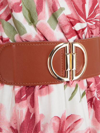 Robe longue imprimé fleuri à manches courtes - Rose - 3