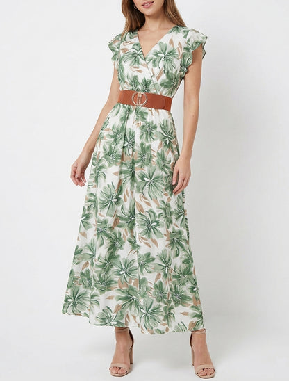 Robe longue cache-cœur à fleurs tropicales - Vert
