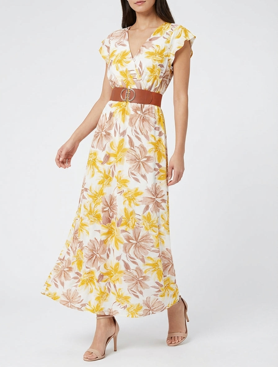 Robe longue cache-cœur à fleurs tropicales - Jaune