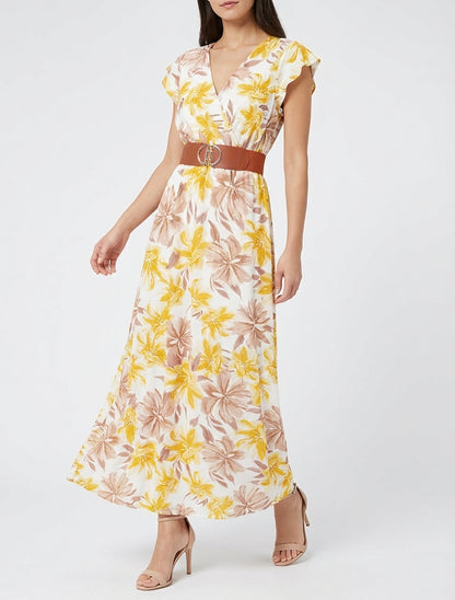 Robe longue cache-cœur à fleurs tropicales - Jaune