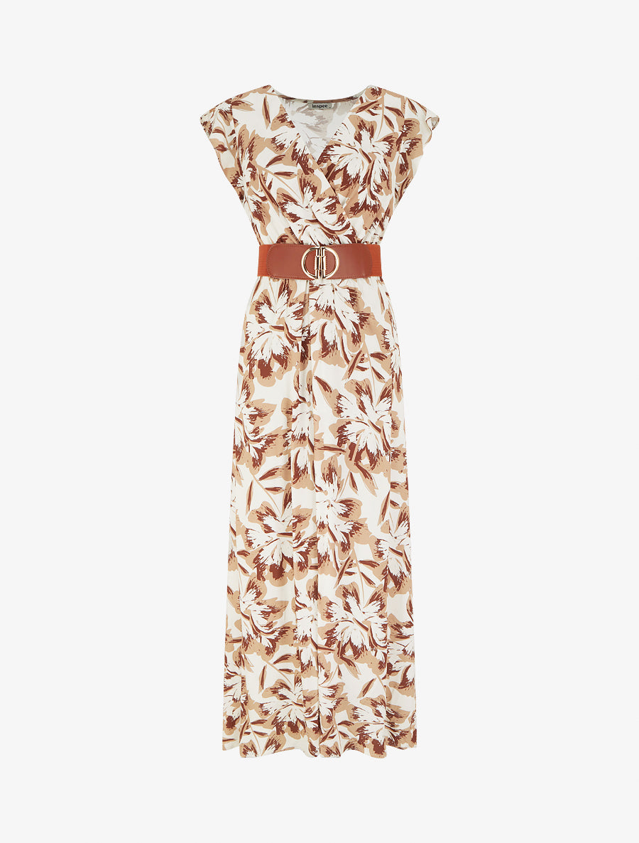 Robe longue fleurie à mancherons volantés - Marron - 1