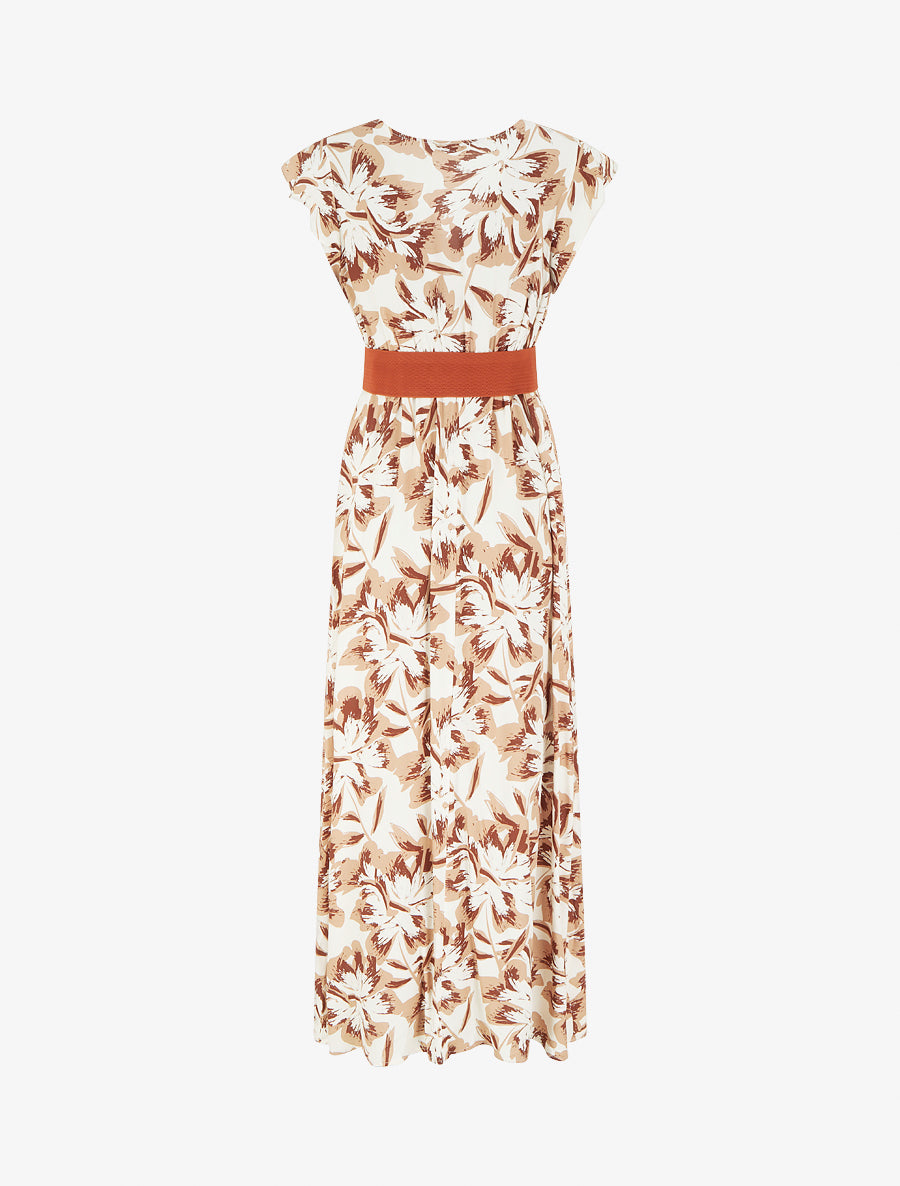 Robe longue fleurie à mancherons volantés - Marron - 2