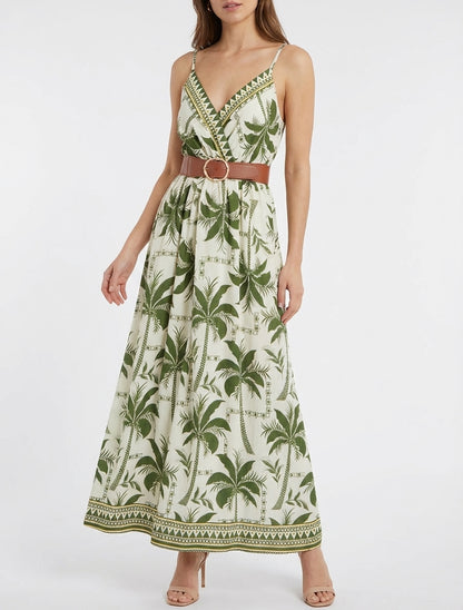 Robe longue à imprimé palmiers - Kaki