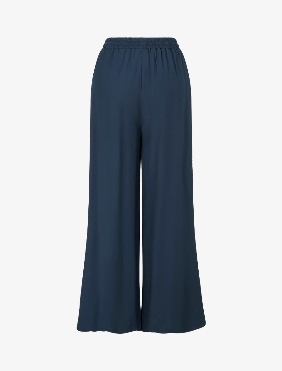 Pantalon brodé à taille haute élastiquée - Marine - 2