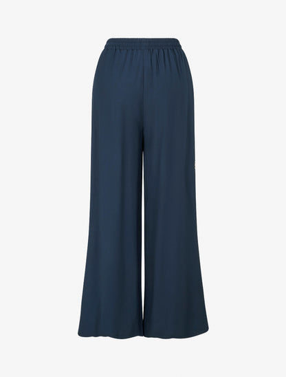 Pantalon brodé à taille haute élastiquée - Marine - 2
