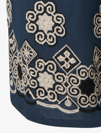 Pantalon brodé à taille haute élastiquée - Marine - 3