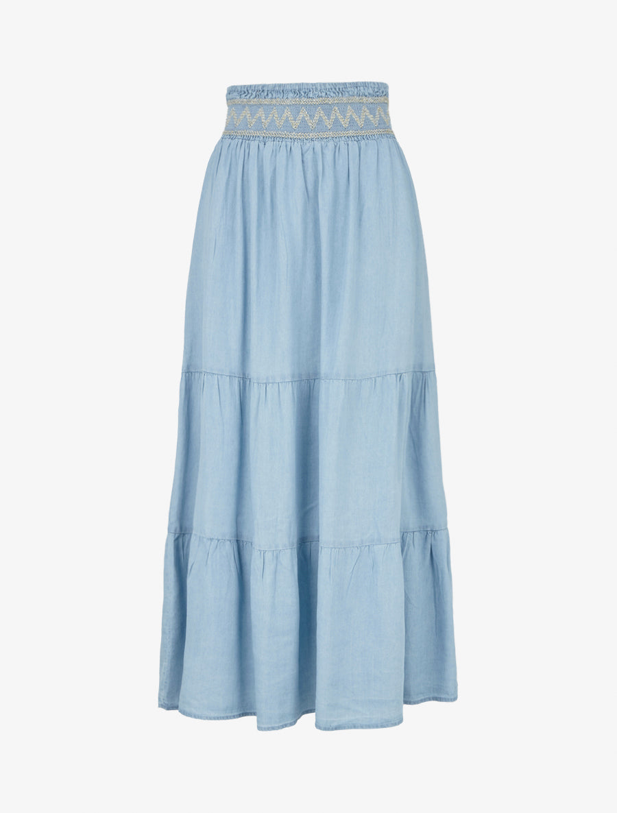 Jupe longue évasée à taille élastiquée fantaisie - Bleu clair - 1