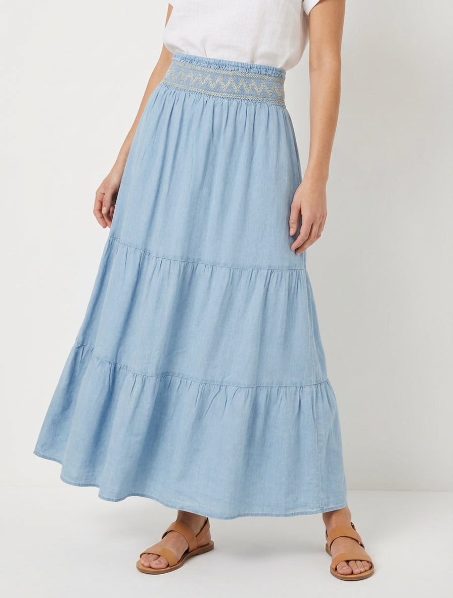 Jupe longue évasée à taille élastiquée fantaisie - Bleu clair