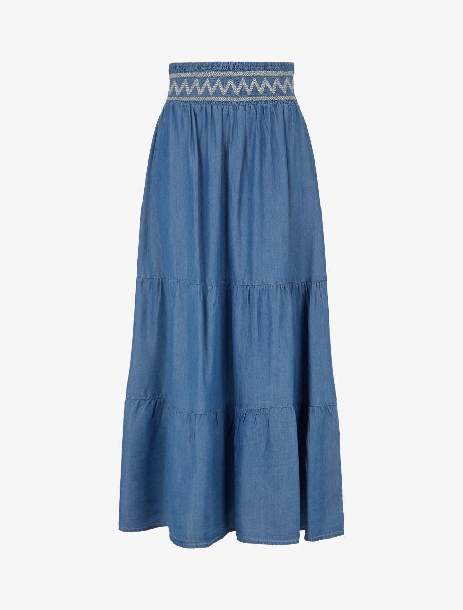 Jupe longue évasée à taille élastiquée fantaisie - Bleu denim - 1