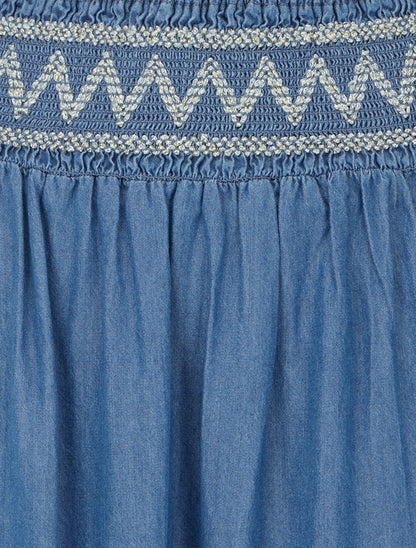 Jupe longue évasée à taille élastiquée fantaisie - Bleu denim - 3