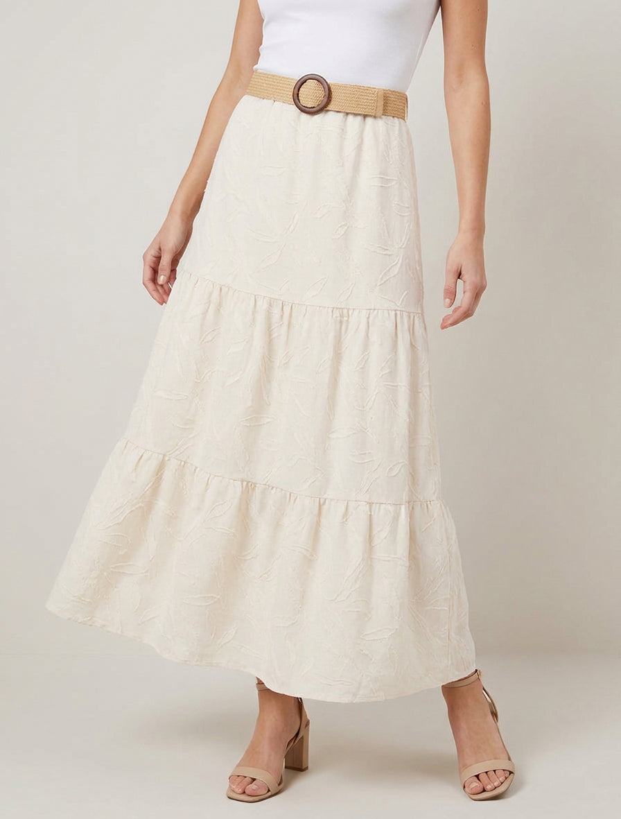 Jupe longue évasée en tissu texturé - Beige