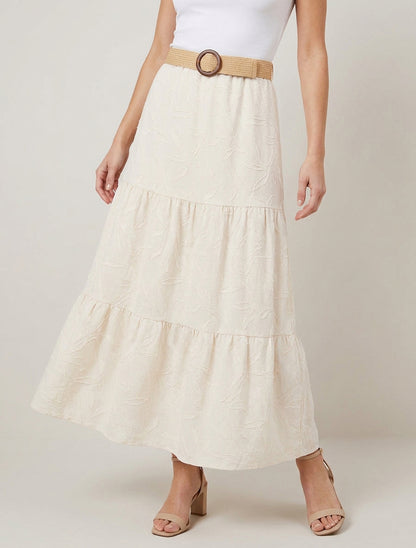 Jupe longue évasée en tissu texturé - Beige