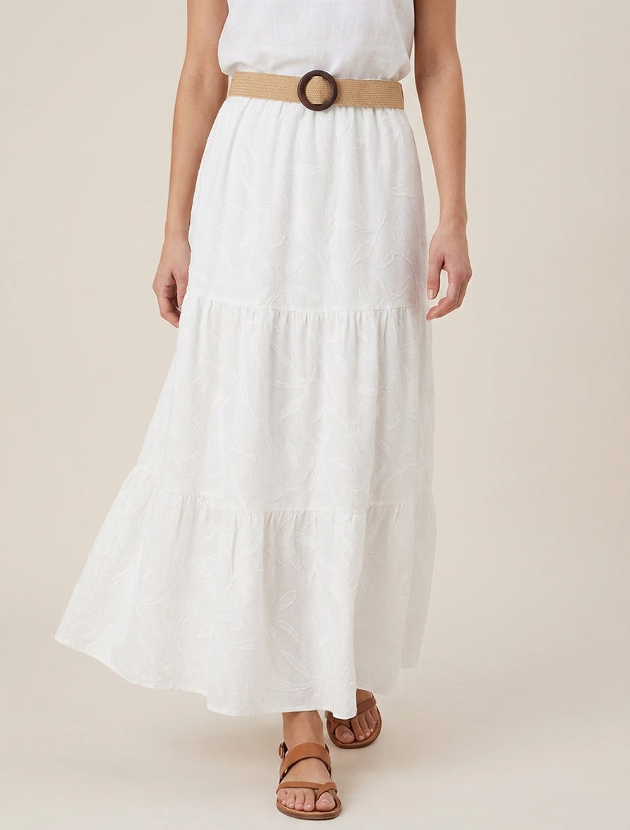 Jupe longue évasée en tissu texturé - Blanc