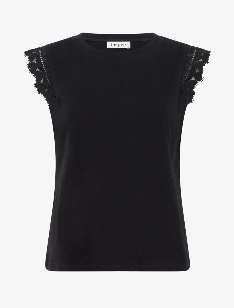 Top droit à épaules en dentelle - Noir - 1