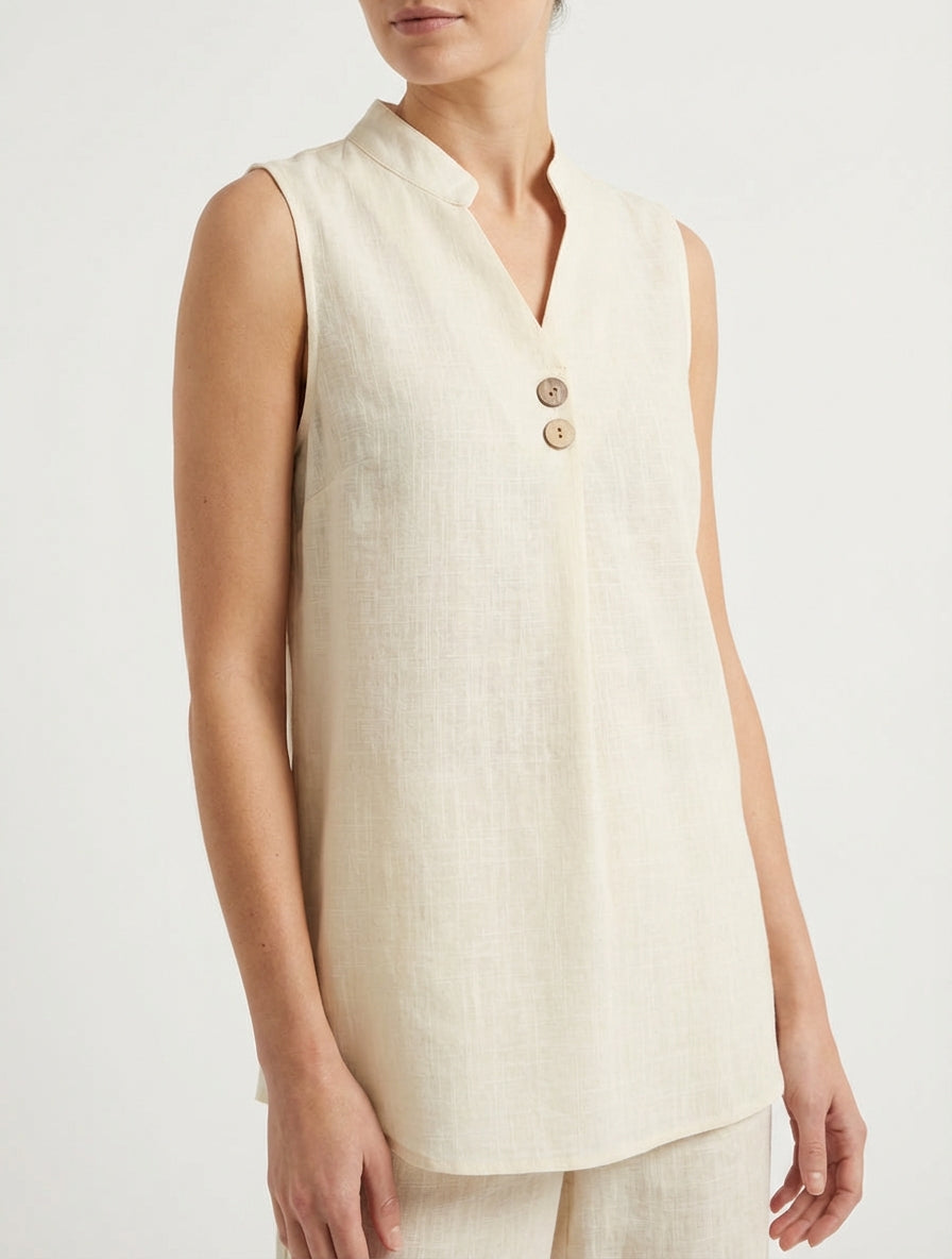 Top droit sans manches en lin mélangé - Beige