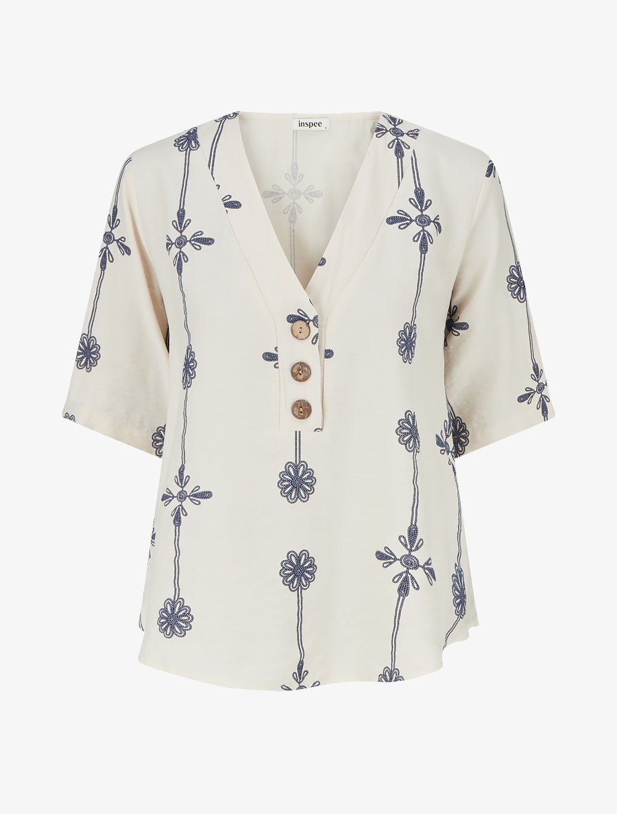 Top ample à manches courtes imprimé floral - Beige - 1