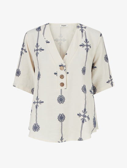 Top ample à manches courtes imprimé floral - Beige - 1