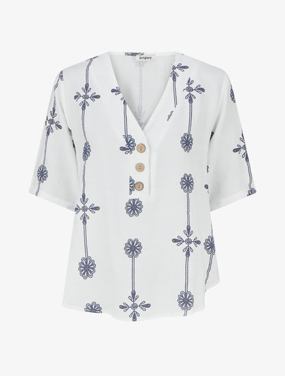 Top ample à manches courtes imprimé floral - Blanc - 1