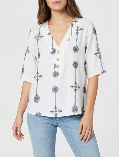 Top ample à manches courtes imprimé floral - Blanc