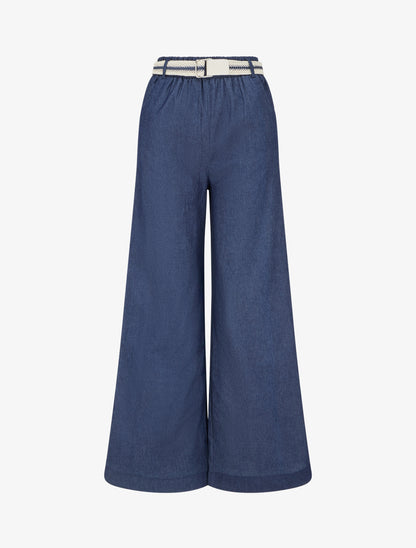 Pantalon ample à taille haute ceinturée - Bleu brut - 1