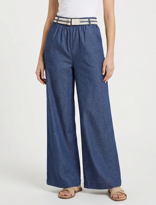 Pantalon ample à taille haute ceinturée - Bleu brut