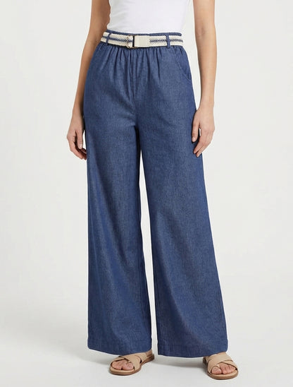 Pantalon ample à taille haute ceinturée - Bleu brut