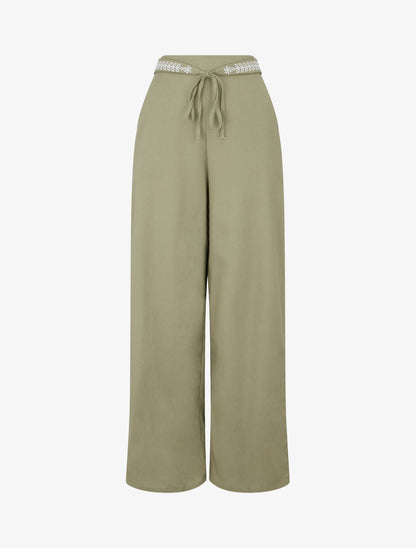 Pantalon ample uni à ceinture brodée - Kaki - 1