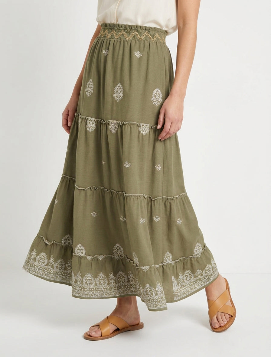 Jupe longue élastiquée à broderie - Kaki