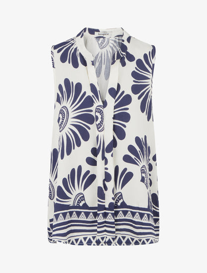 Top sans manches imprimé fleurs stylisées - Marine - 1