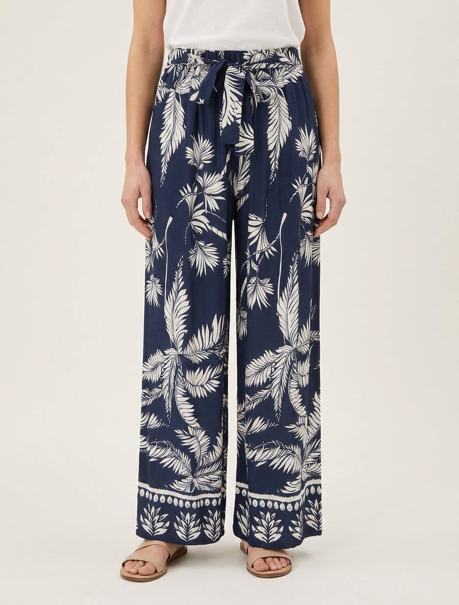 Pantalon élastiquée fluide imprimé feuillage - Marine
