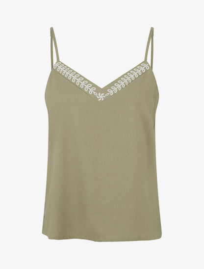 Caraco en lin mélangé à col brodé - Kaki - 1