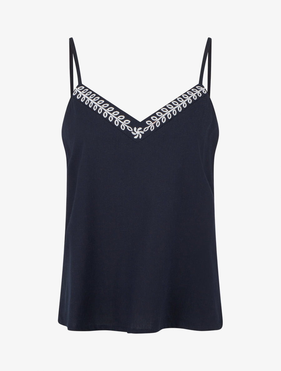 Caraco en lin mélangé à col brodé - Marine - 1