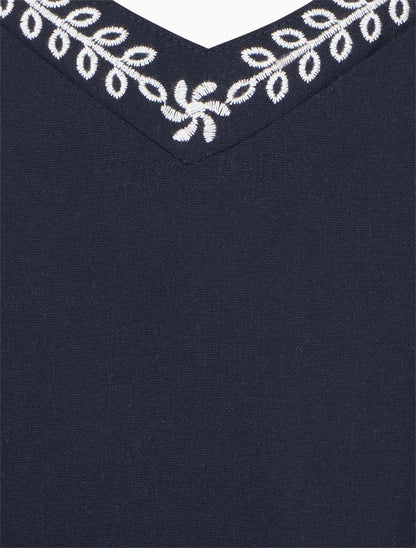 Caraco en lin mélangé à col brodé - Marine - 3