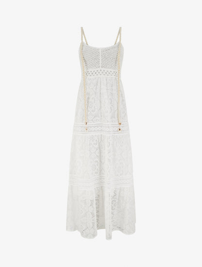 Robe longue en dentelle à bretelles tressées - Blanc - 1