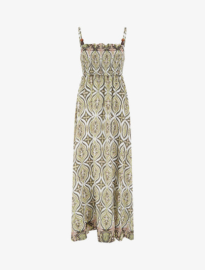 Robe longue à bretelles perlées et imprimé fantaisie - Kaki - 1