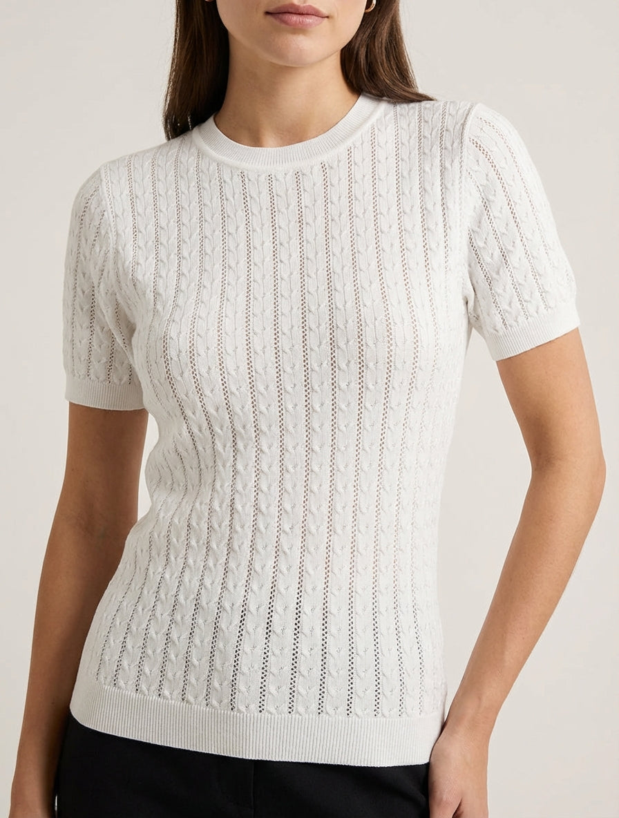 Pull uni ajouré à manches courtes - Blanc